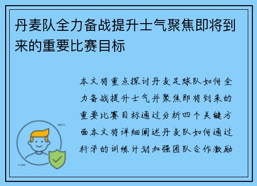 丹麦队全力备战提升士气聚焦即将到来的重要比赛目标