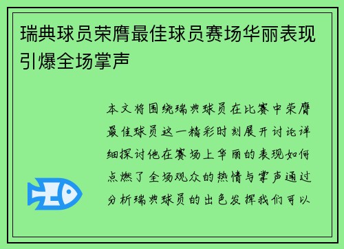 瑞典球员荣膺最佳球员赛场华丽表现引爆全场掌声