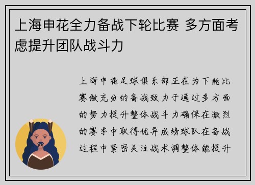 上海申花全力备战下轮比赛 多方面考虑提升团队战斗力
