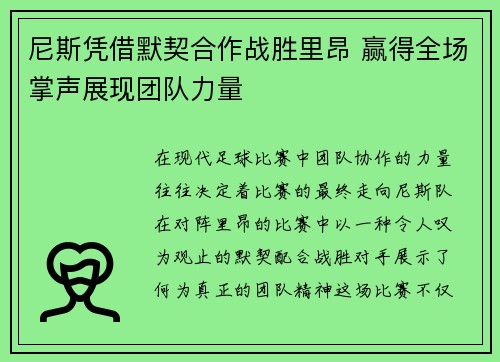 尼斯凭借默契合作战胜里昂 赢得全场掌声展现团队力量