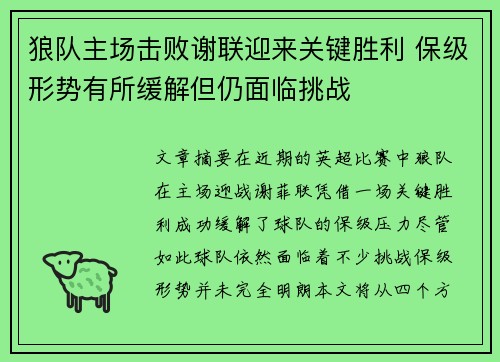 狼队主场击败谢联迎来关键胜利 保级形势有所缓解但仍面临挑战