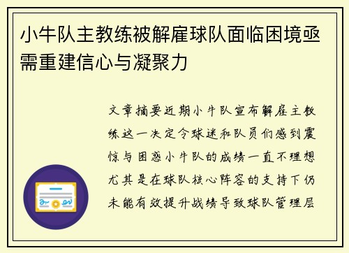 小牛队主教练被解雇球队面临困境亟需重建信心与凝聚力