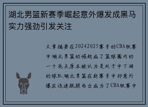 湖北男篮新赛季崛起意外爆发成黑马实力强劲引发关注