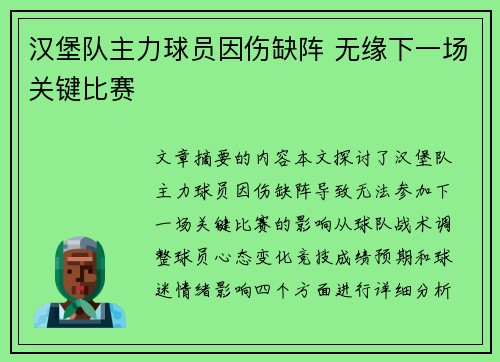汉堡队主力球员因伤缺阵 无缘下一场关键比赛