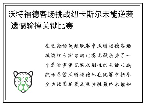 沃特福德客场挑战纽卡斯尔未能逆袭 遗憾输掉关键比赛