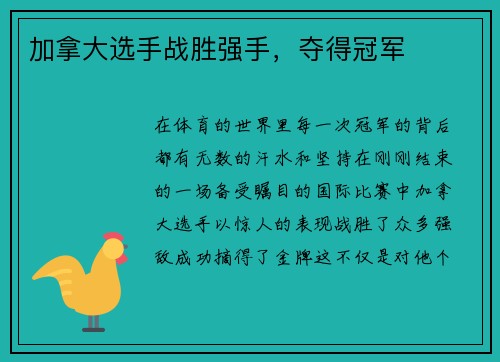 加拿大选手战胜强手，夺得冠军