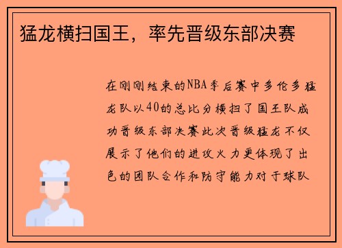 猛龙横扫国王，率先晋级东部决赛
