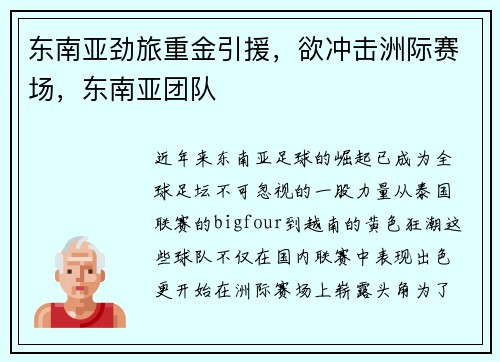 东南亚劲旅重金引援，欲冲击洲际赛场，东南亚团队