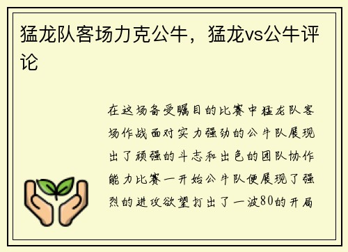 猛龙队客场力克公牛，猛龙vs公牛评论