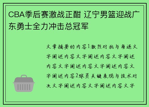 CBA季后赛激战正酣 辽宁男篮迎战广东勇士全力冲击总冠军
