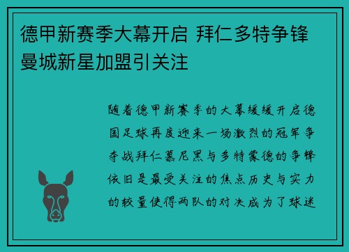 德甲新赛季大幕开启 拜仁多特争锋 曼城新星加盟引关注